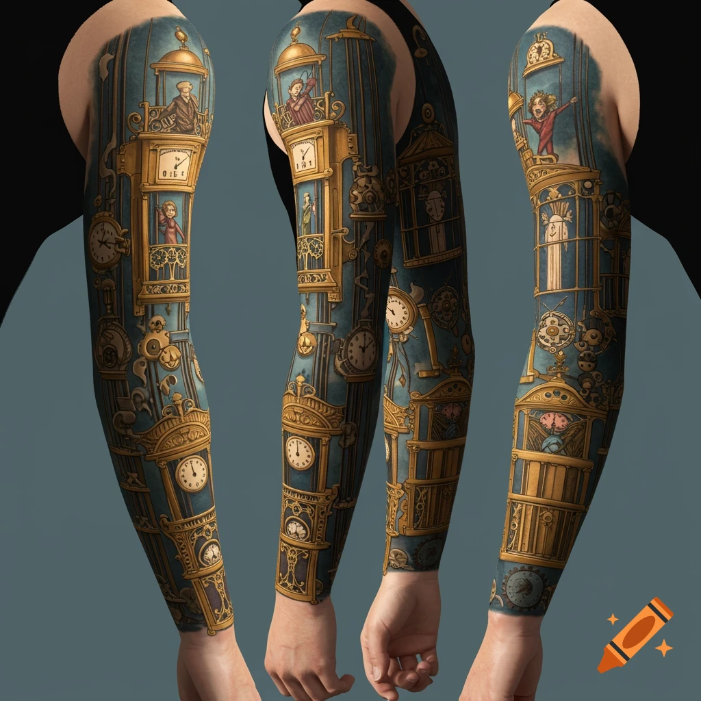 A detailed steampunk-style tattoo sleeve with ornate elevators, clocks, and small cartoon figures on an arm.