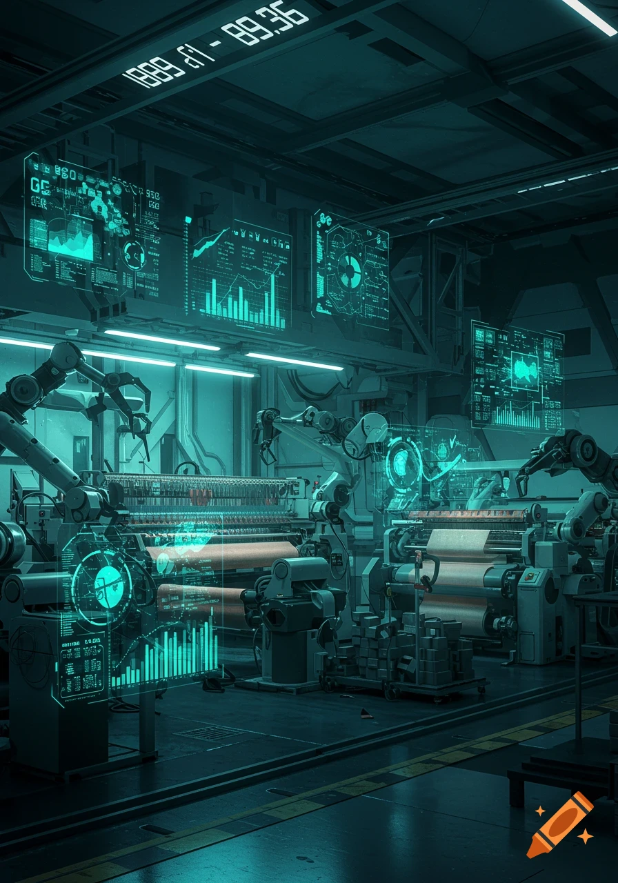 A futuristic industrial factory with robotic arms and machines. Holographic screens display glowing turquoise data, charts, and numbers, set in a dimly lit, high-tech environment.
