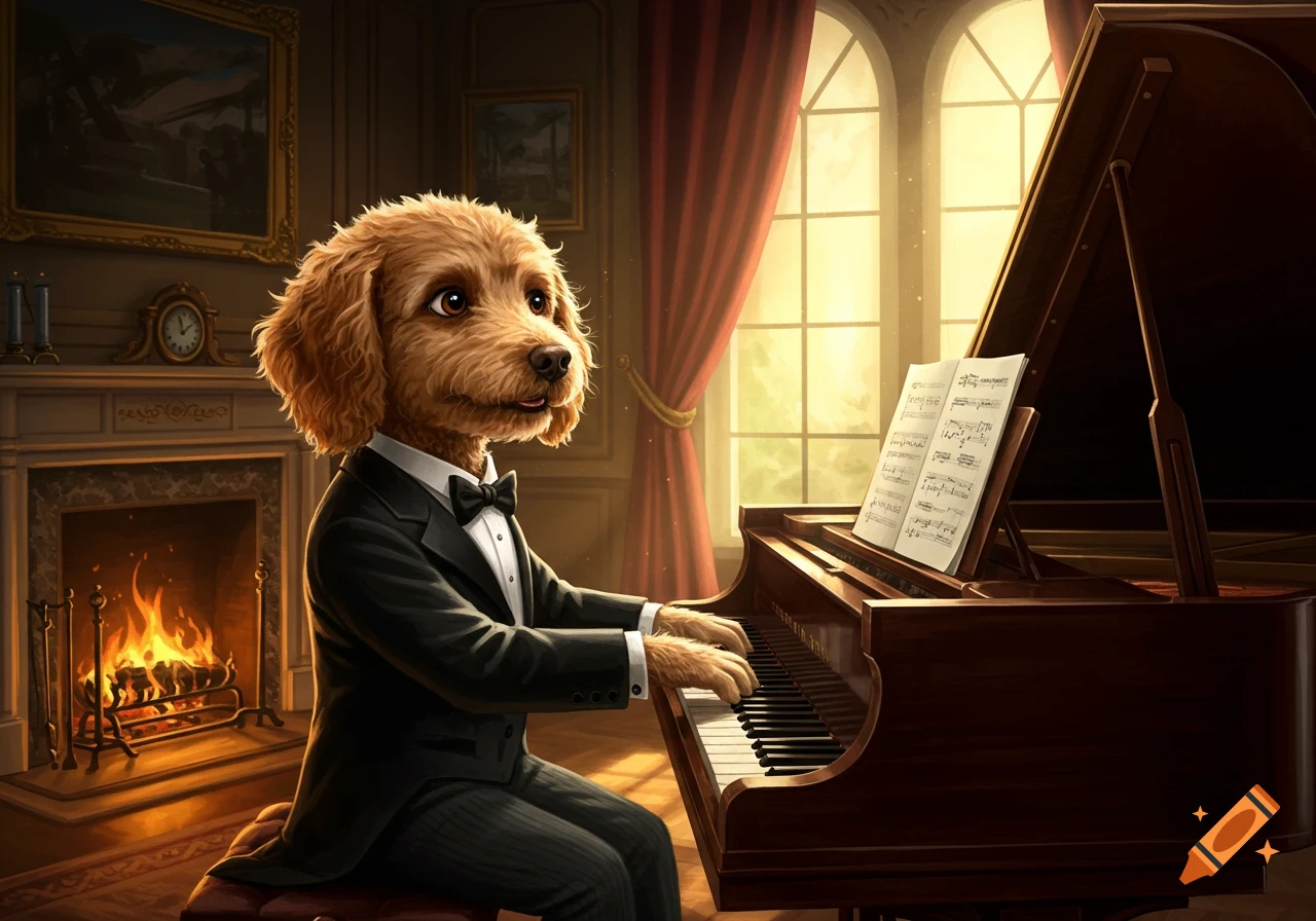 An anthropomorphic poodle-like dog in a tuxedo plays a grand piano in a warm, stately room by a fireplace.