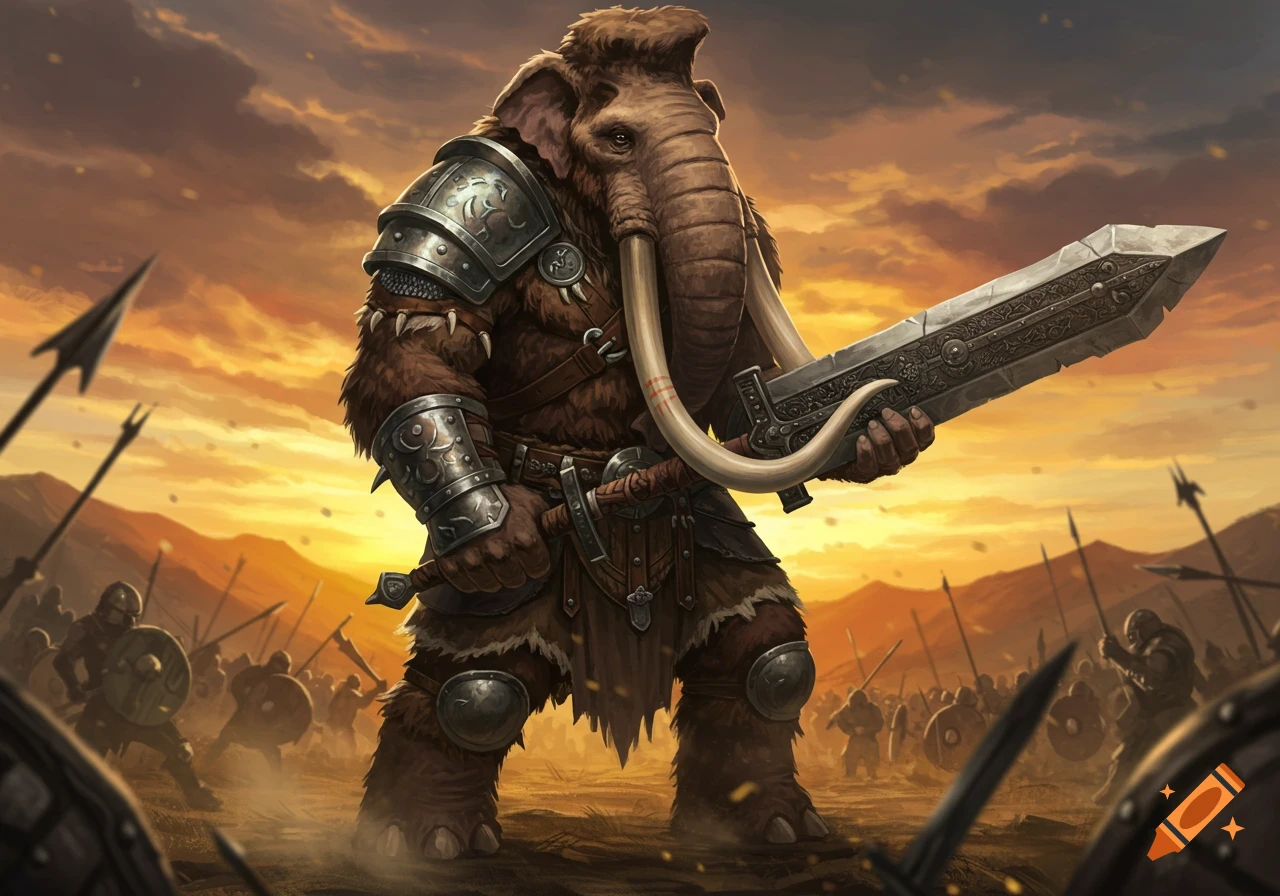 A massive, armored mammoth barbarian wielding a greatsword stands on a battlefield at sunset, surrounded by silhouetted warriors.