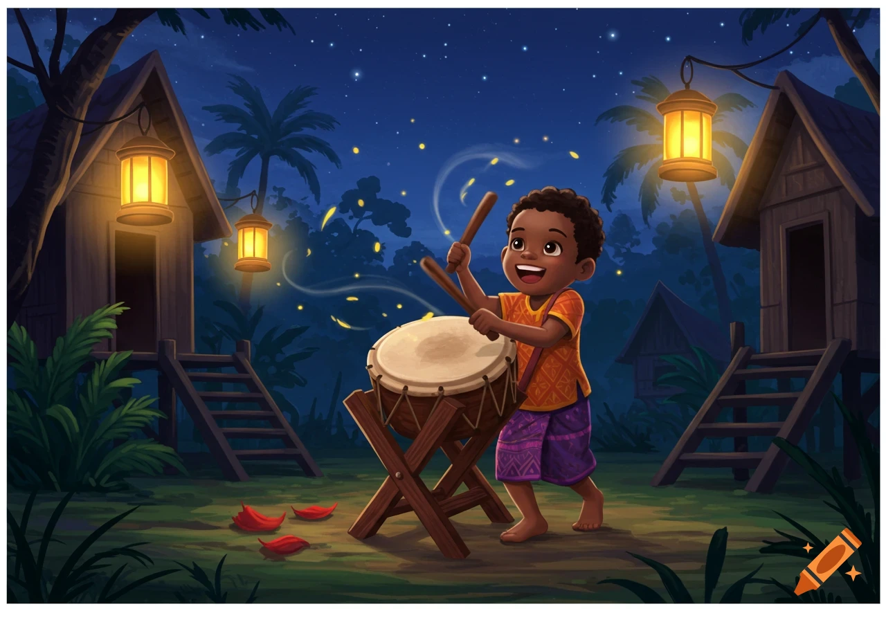 A happy cartoon boy plays a drum at night in a tropical village illuminated by lanterns and fireflies.