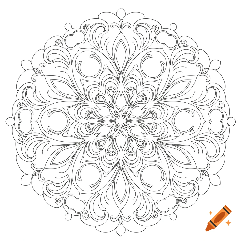A black and white line art mandala with intricate symmetrical floral and scroll patterns, resembling a gothic cathedral rose window.