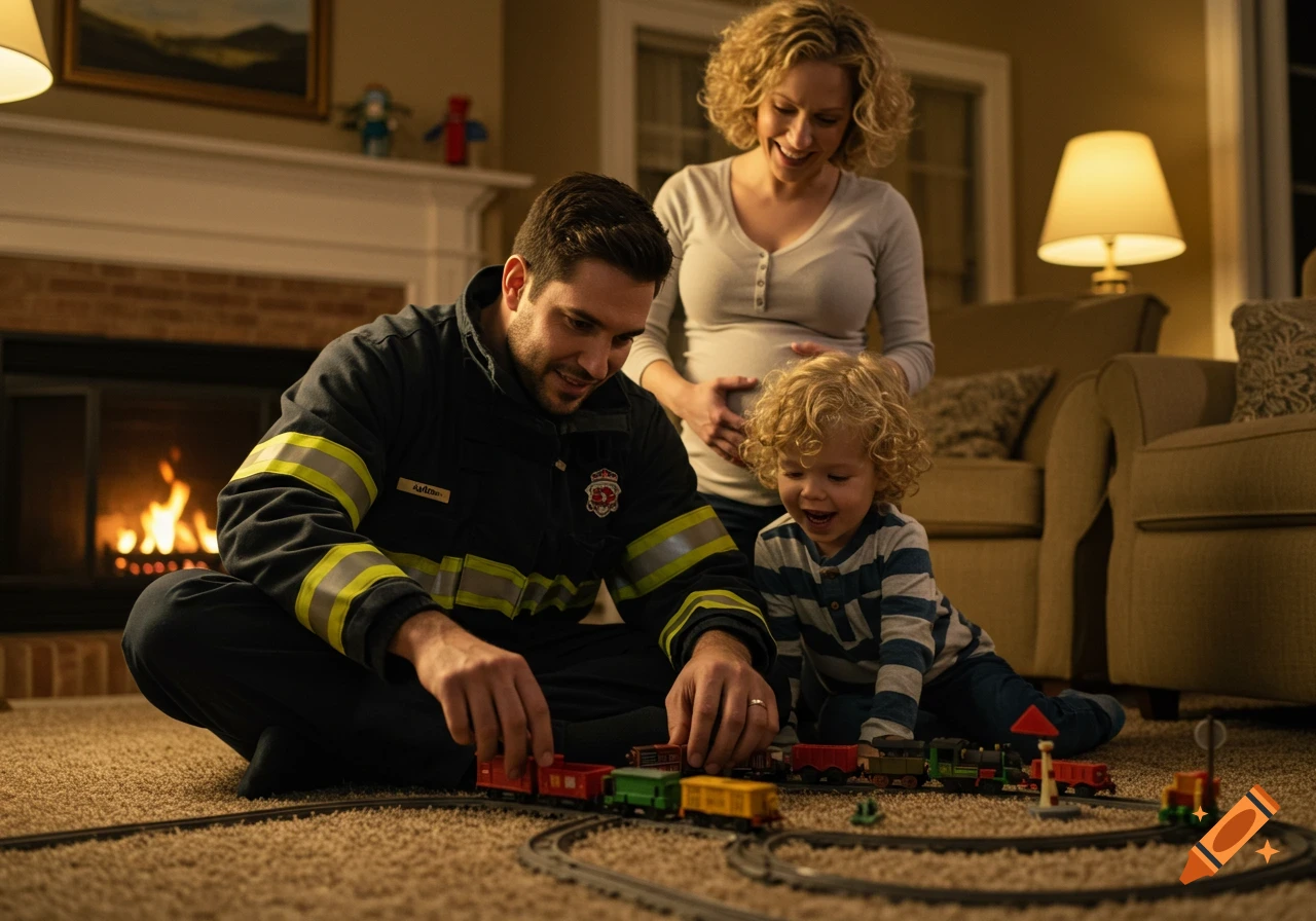A smiling firefighter plays with a toy train set on the floor with his young son, while his pregnant wife looks on in a cozy living room.