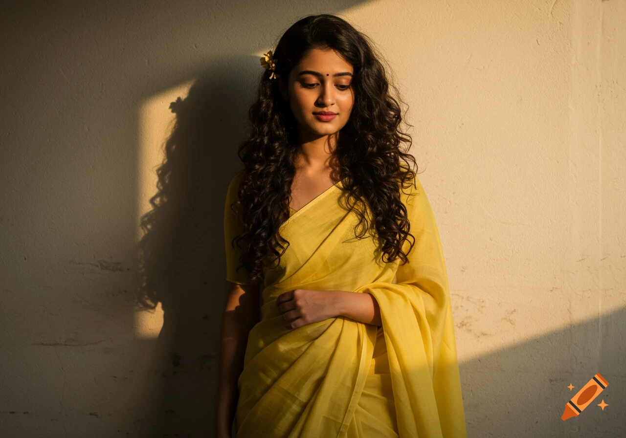 A young woman with dark curly hair and a flower tucked in it, wearing a yellow sari, stands against a textured wall bathed in warm golden hour light and deep shadows.