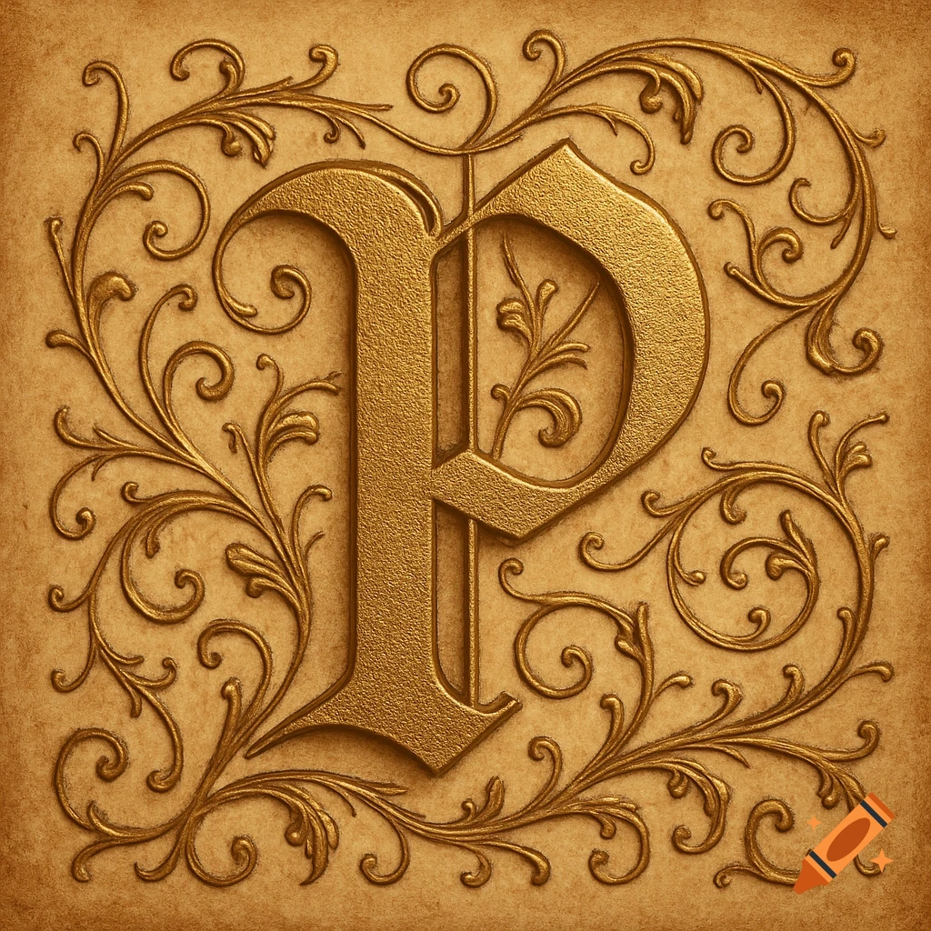 Ornate golden Old English letter P with elaborate scrollwork on a textured brown background.