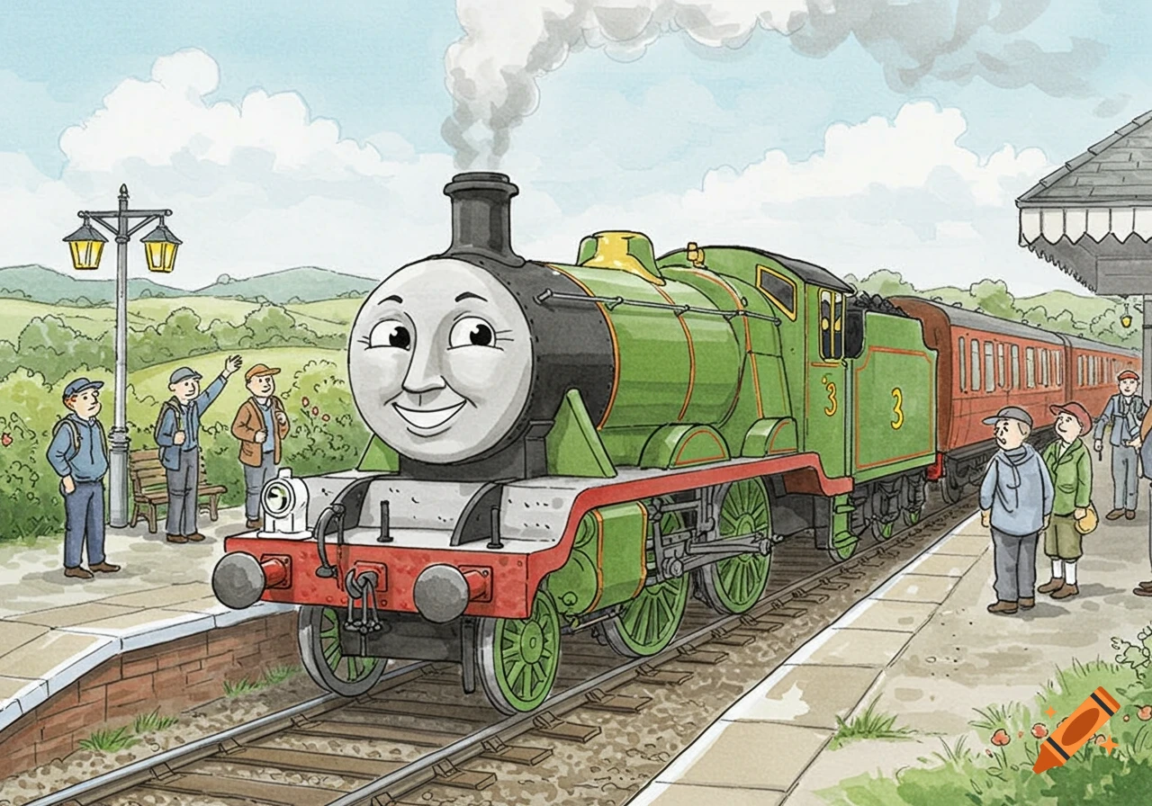 Watercolor illustration of Henry the green steam locomotive smiling at a cozy station platform, with passengers waving.