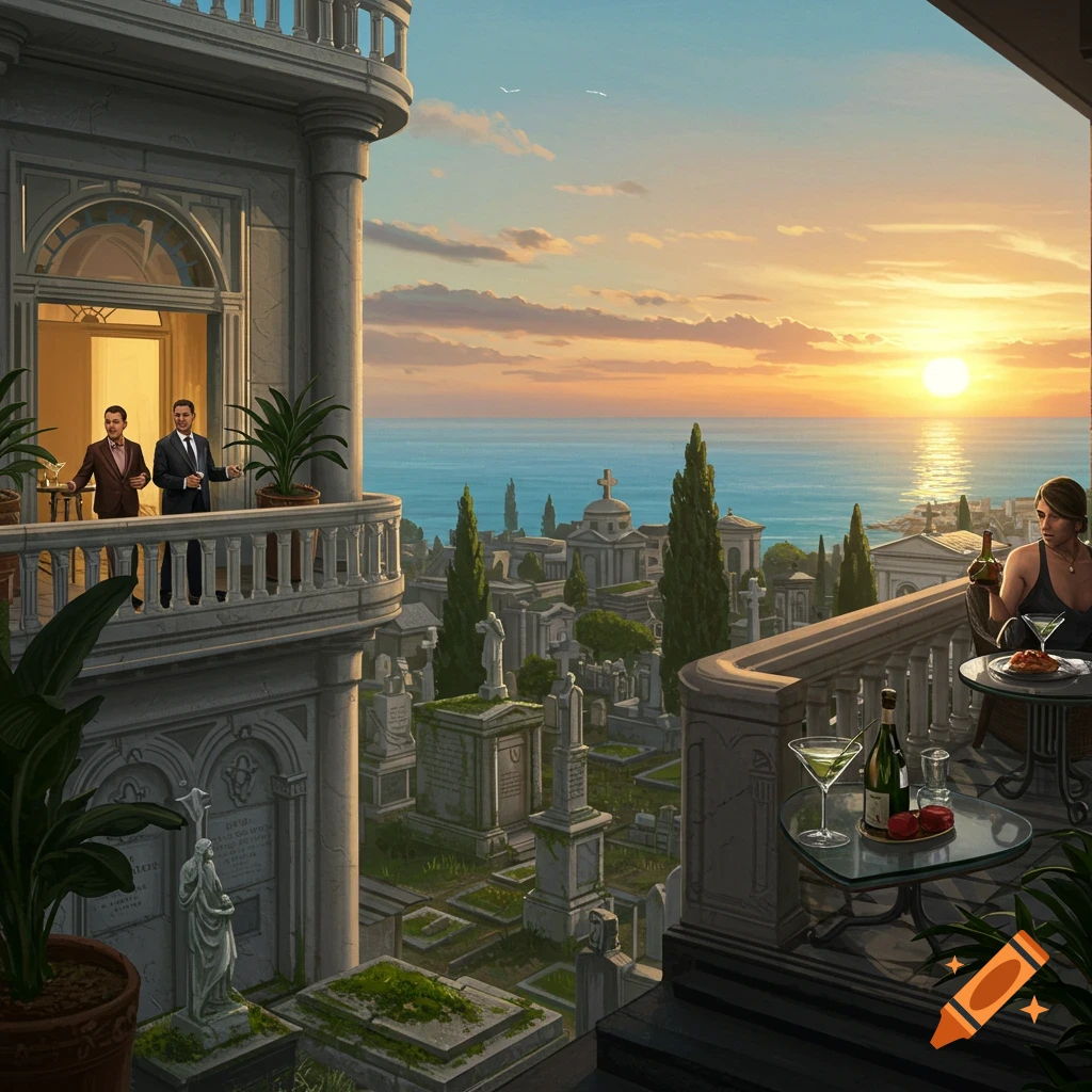 People on balconies overlooking a large cemetery and the sea at sunset, with drinks.