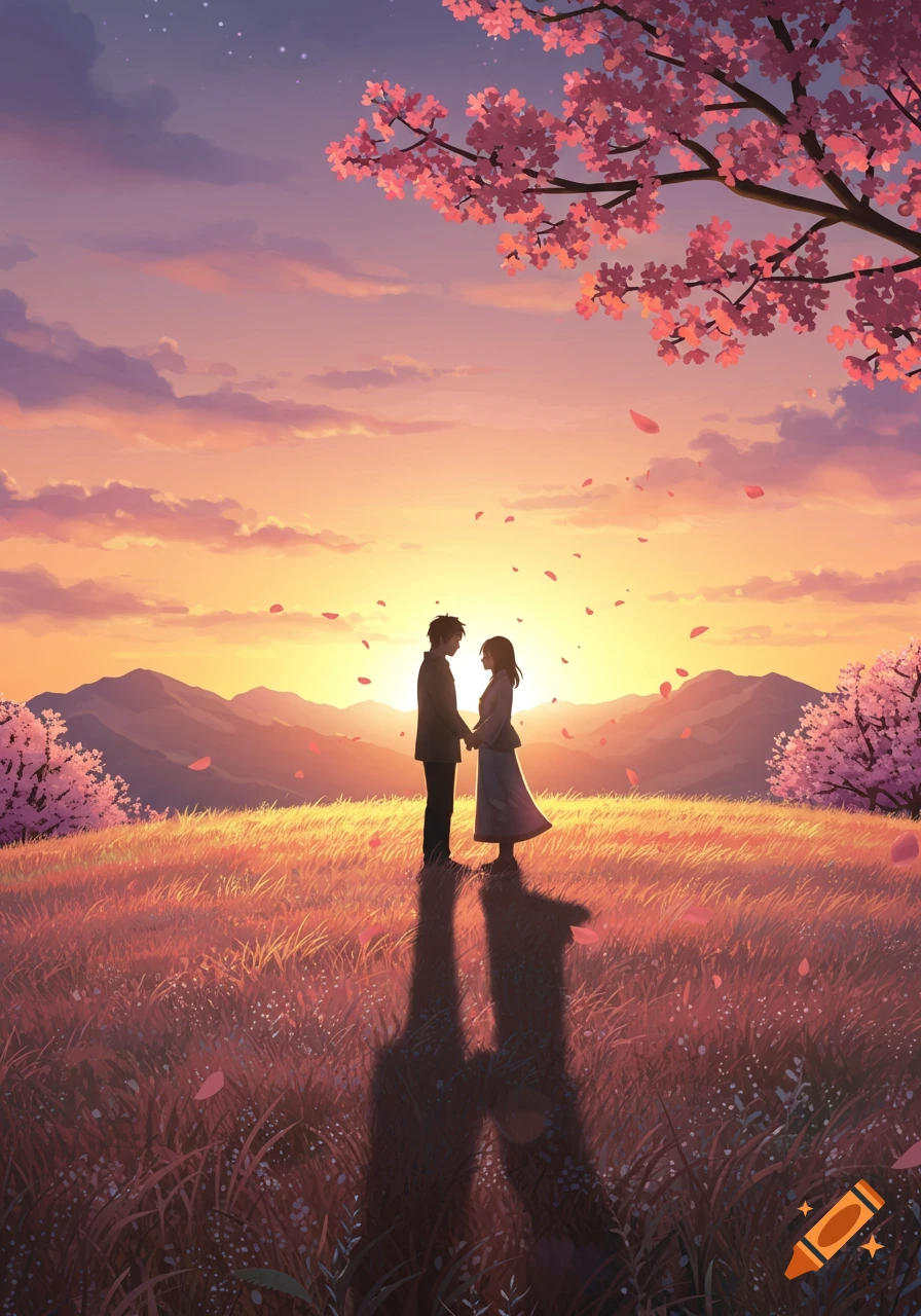 Anime couple holding hands in a grassy field with cherry blossoms, silhouetted against a beautiful sunset over mountains.
