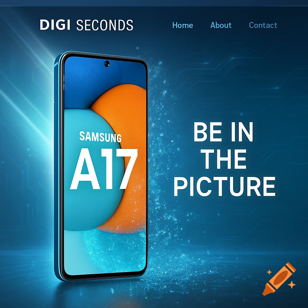 A sleek Samsung A17 mobile phone advertisement on a dark blue background with 'Digi Seconds' branding and the slogan 'Be in the picture'.