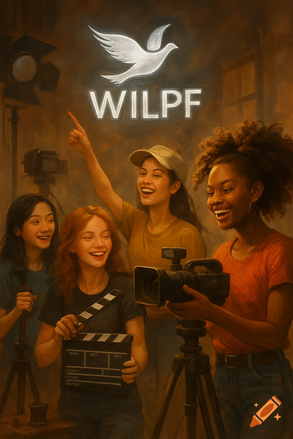 Four young, smiling women making a film indoors with spotlights. One holds a camera, another a clapperboard. A glowing dove logo and "WILPF" are above them.