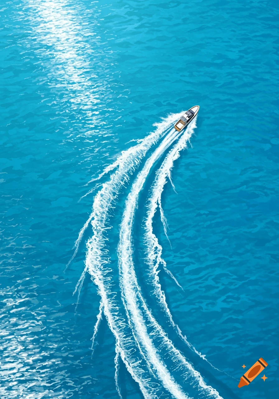 An aerial view of a white and yellow boat speeding across turquoise water, leaving a prominent white wake behind it.