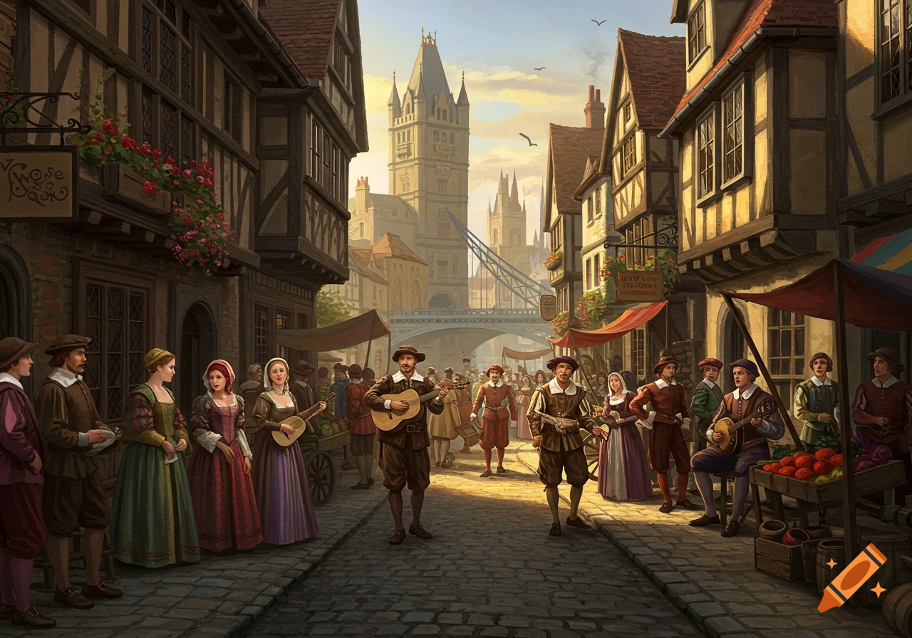 A busy 16th-century London street market with timber-framed buildings and people in period clothing, with a large tower and bridge in the background.