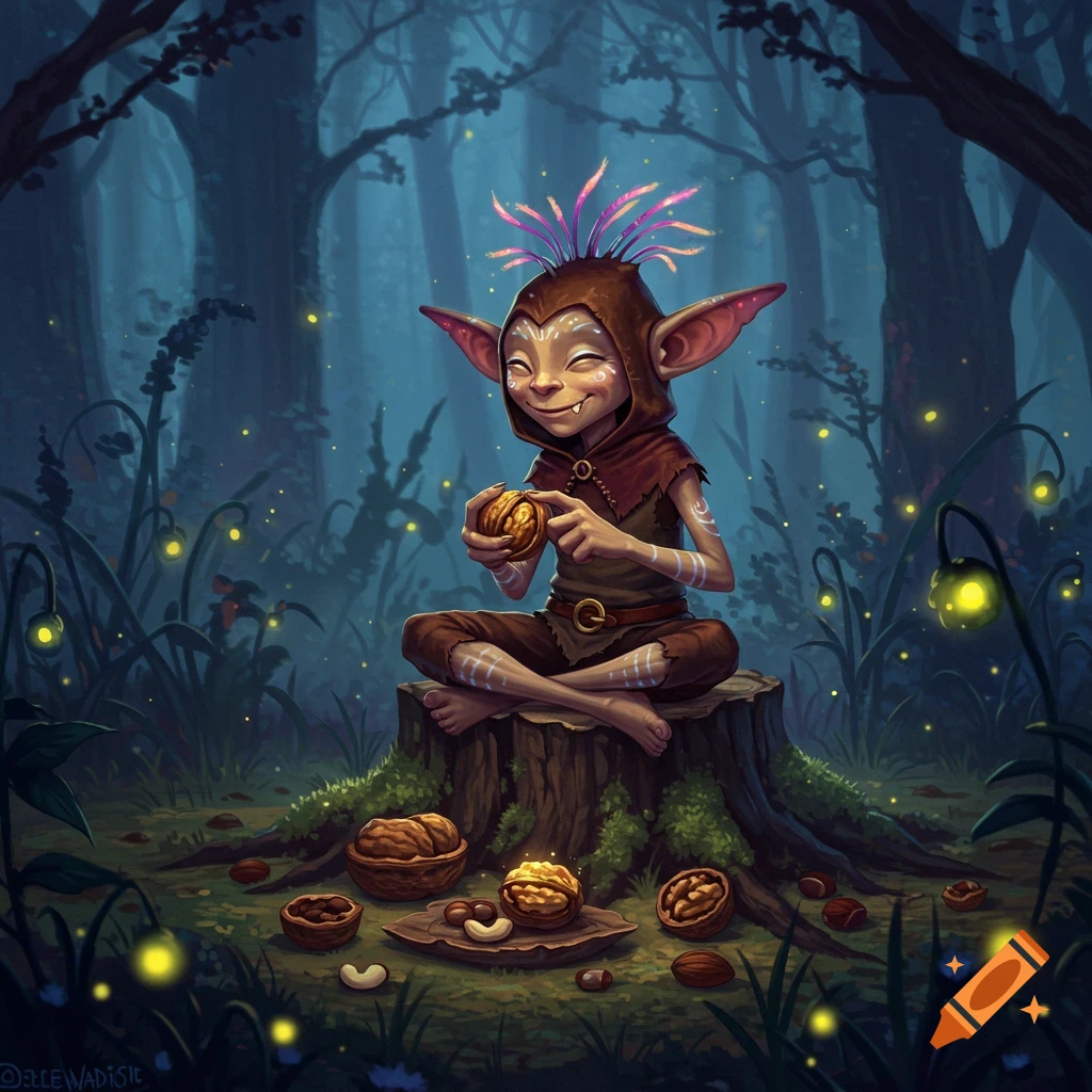 A cheerful, goblin-like creature with glowing hair sits on a tree stump in a magical forest, cracking a walnut.