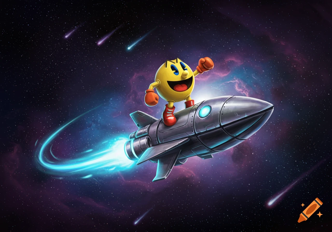 Smiling Pac-Man in red boots and gloves rides a silver rocket through a vibrant, star-filled galaxy with nebulae and shooting stars, cartoon style.