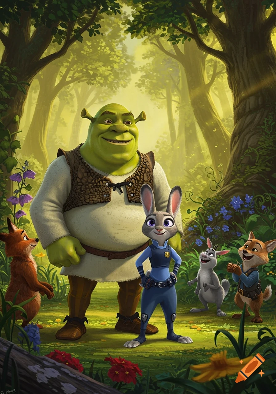 Shrek, Judy Hopps, and other anthropomorphic animals stand in a whimsical, sunlit fantasy forest.