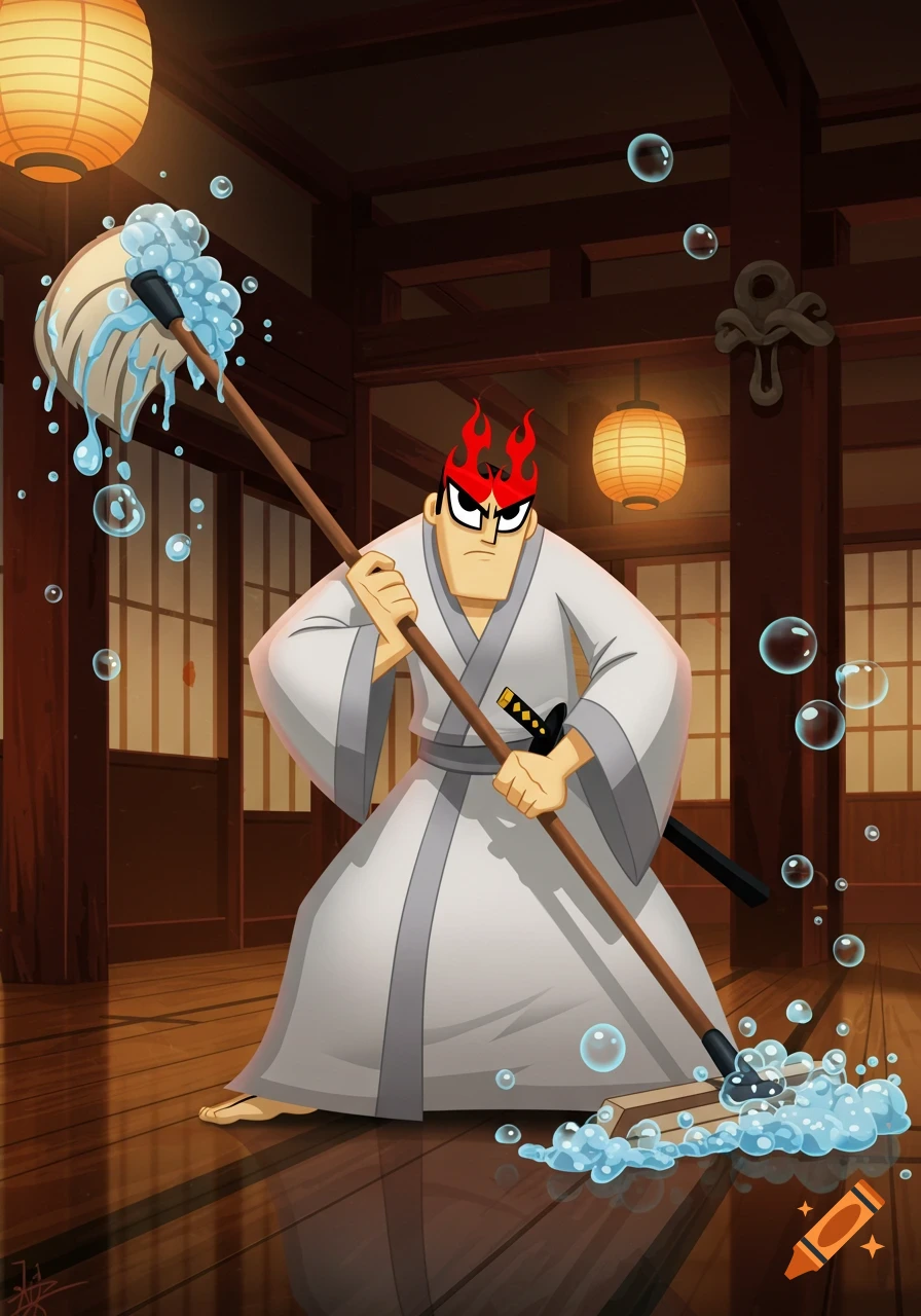 Samurai Jack, in his white kimono, holds a mop covered in suds and bubbles while cleaning a traditional Japanese room.