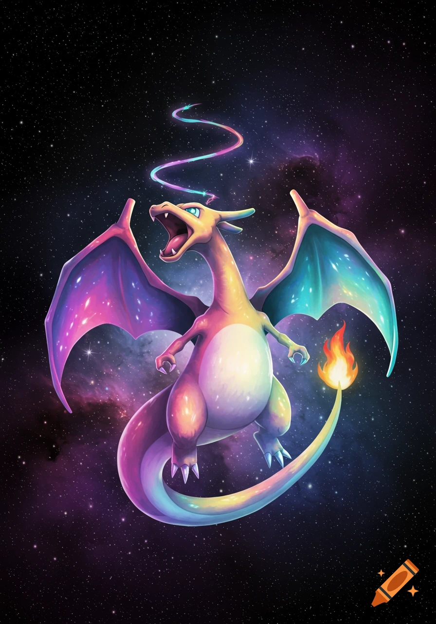 A vibrant, rainbow-colored Charizard with a fiery tail floats in outer space amidst stars and colorful nebulae.