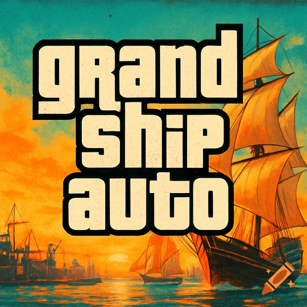 GTA-style logo 'GRAND SHIP AUTO' over a vintage illustration of ships at sea during sunset.