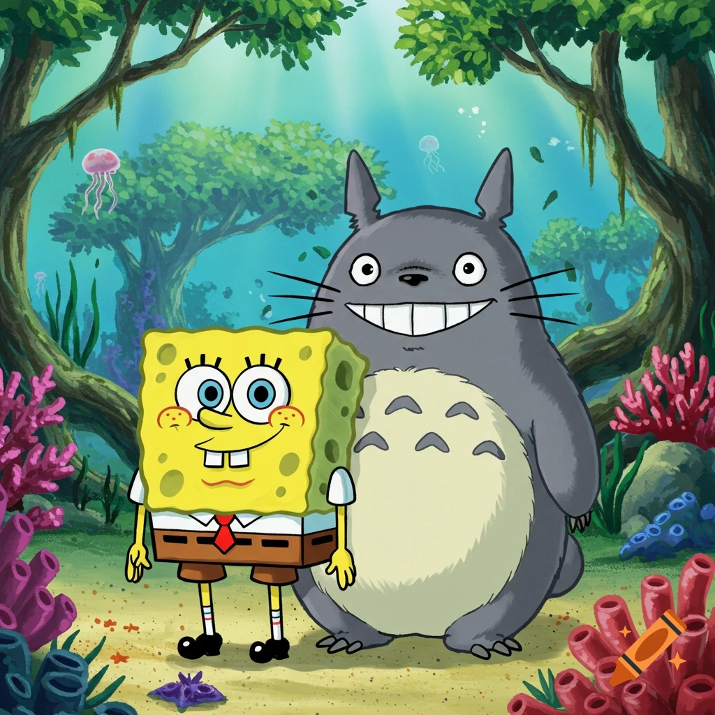 Spongebob Squarepants and Totoro stand together in a vibrant underwater forest with coral and jellyfish.