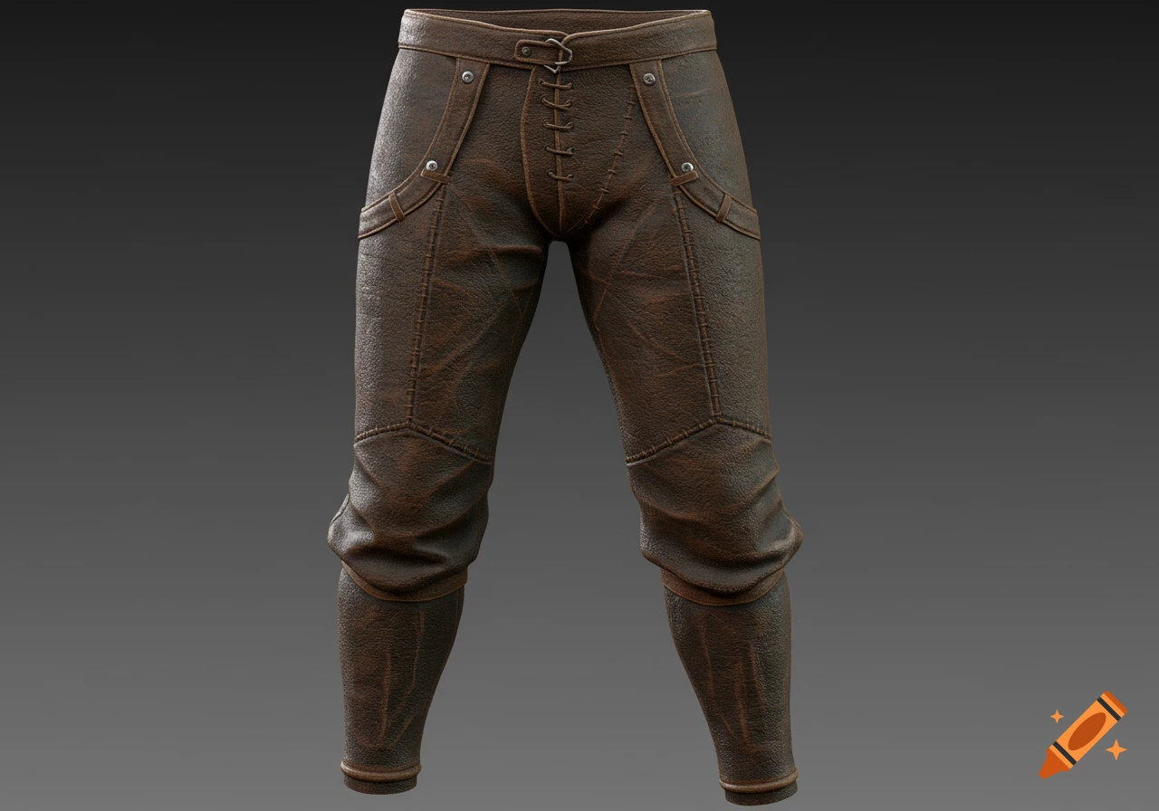 Brown leather fantasy warrior pants with lacing and buckles, rendered as a game asset on a dark background.