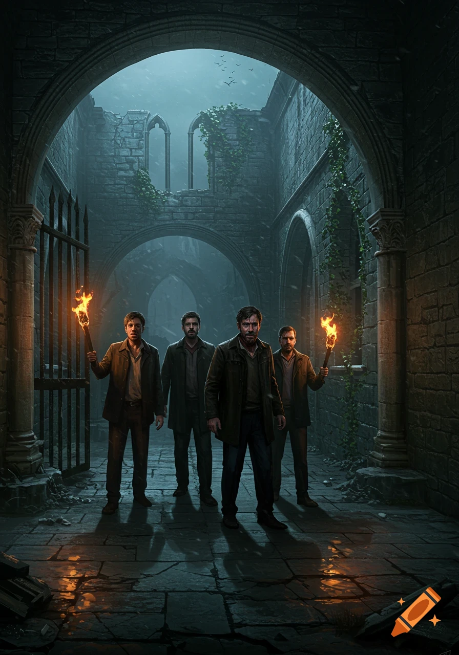 Four men with torches stand in a dark, ruined gothic building during a snowy night, looking fearful.