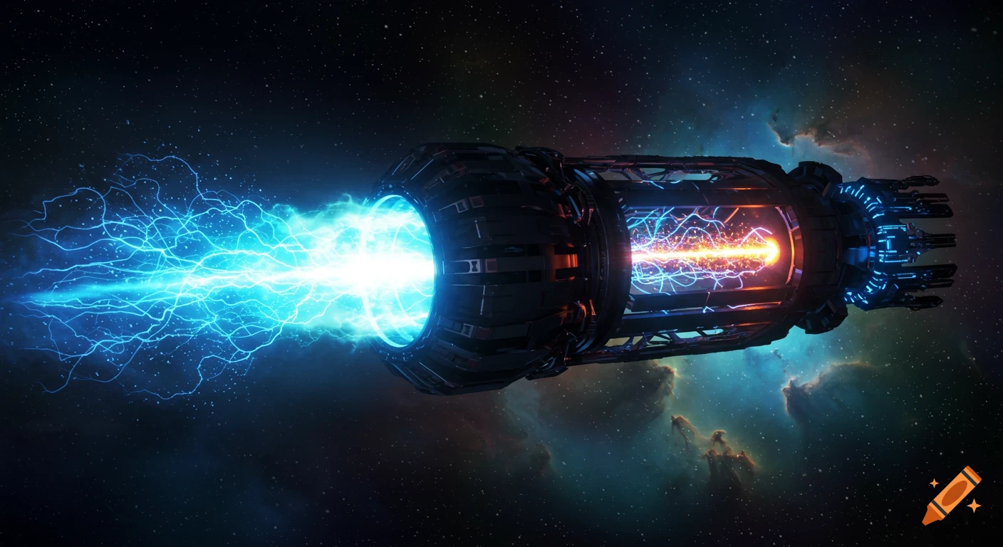 Futuristic spacecraft plasma engine ejecting a bright blue electrical exhaust against a dark starry space background with colorful nebulae.