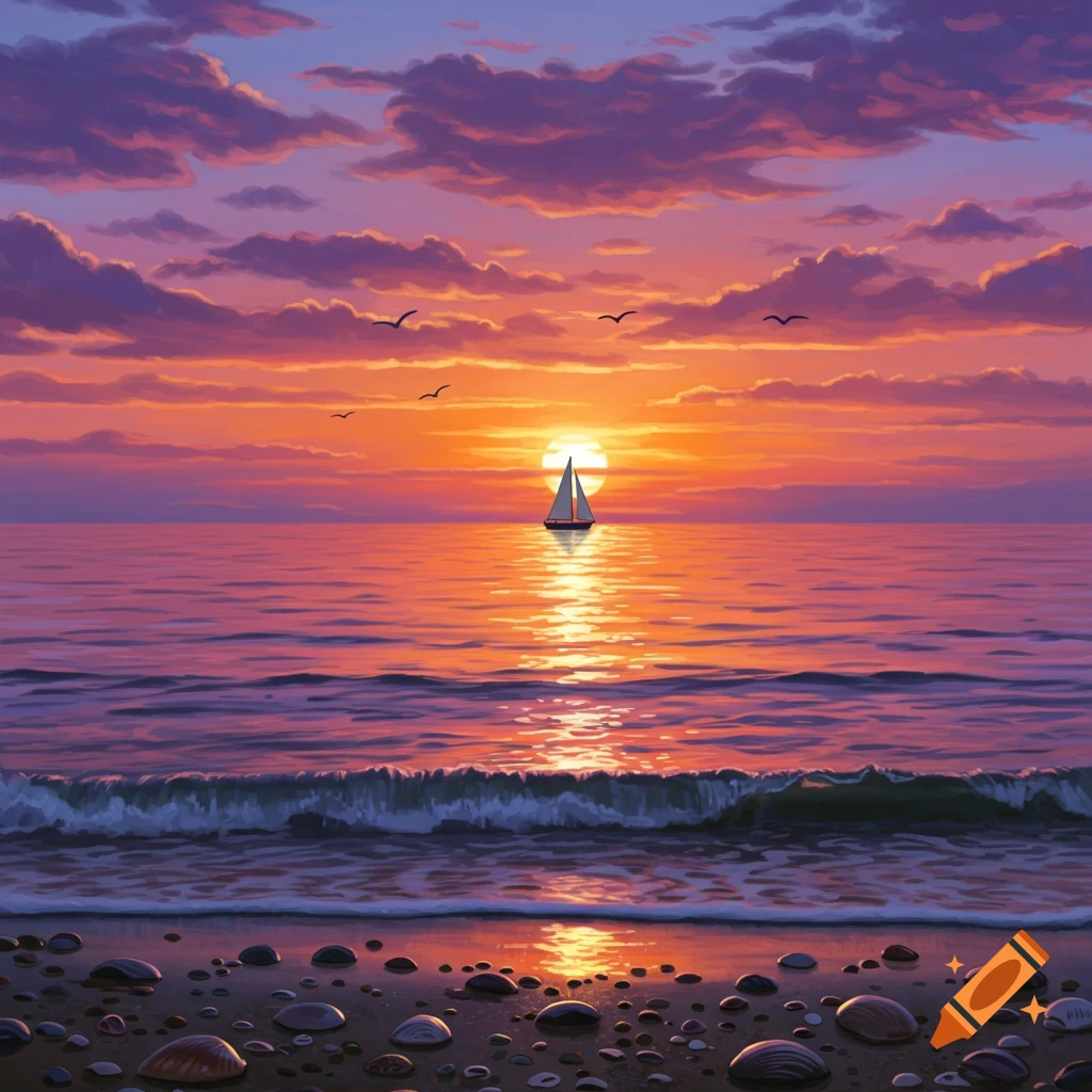 A vibrant digital painting of a sunset over the sea with a sailboat, rocky beach, and colorful clouds.