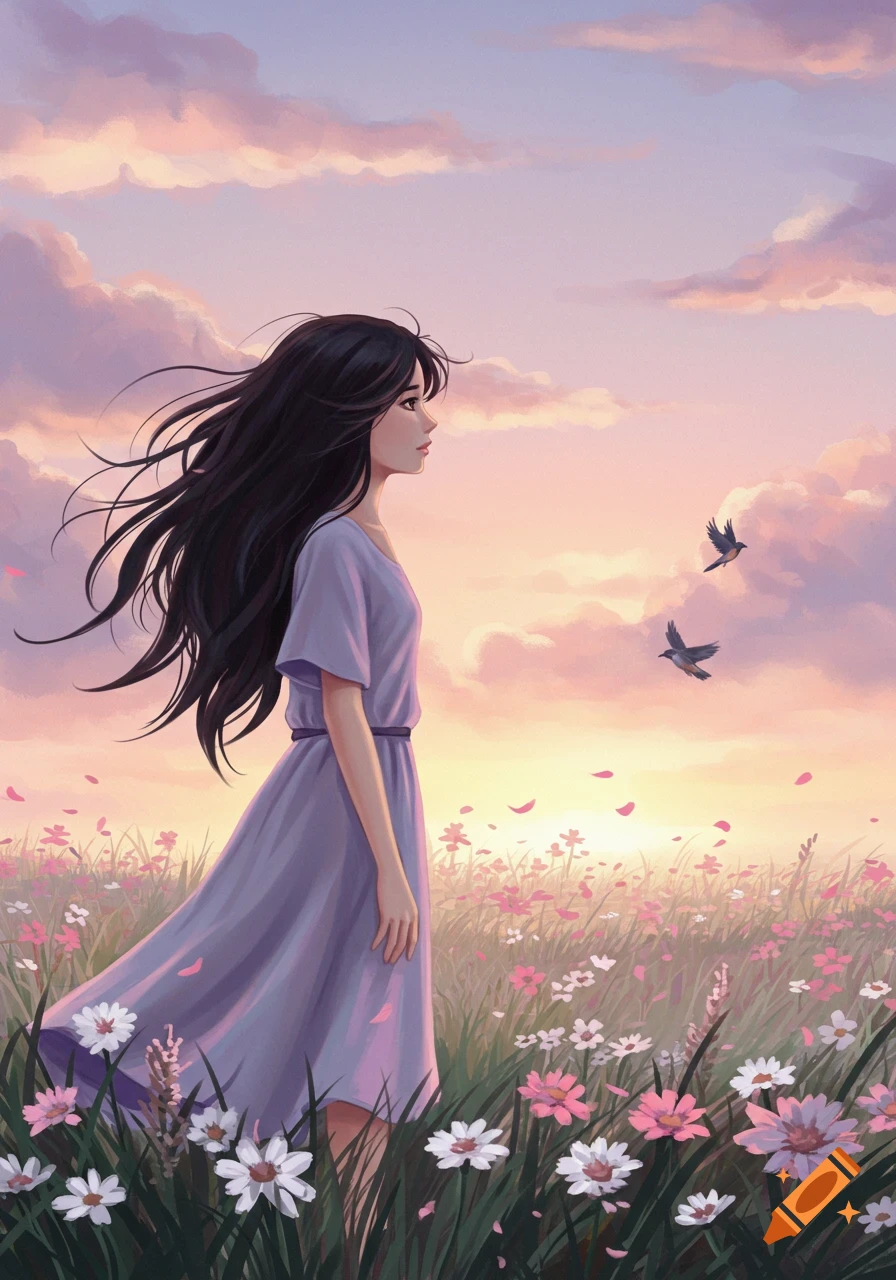 Illustrated girl with long dark hair in a purple dress standing in a colorful flower field at sunset with birds flying.