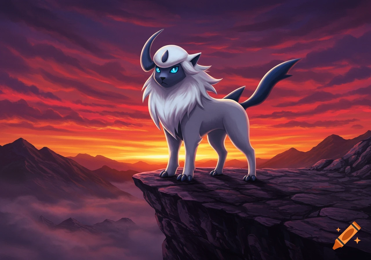Digital illustration of Absol, a Pokémon, standing on a cliff overlooking misty mountains at sunset.