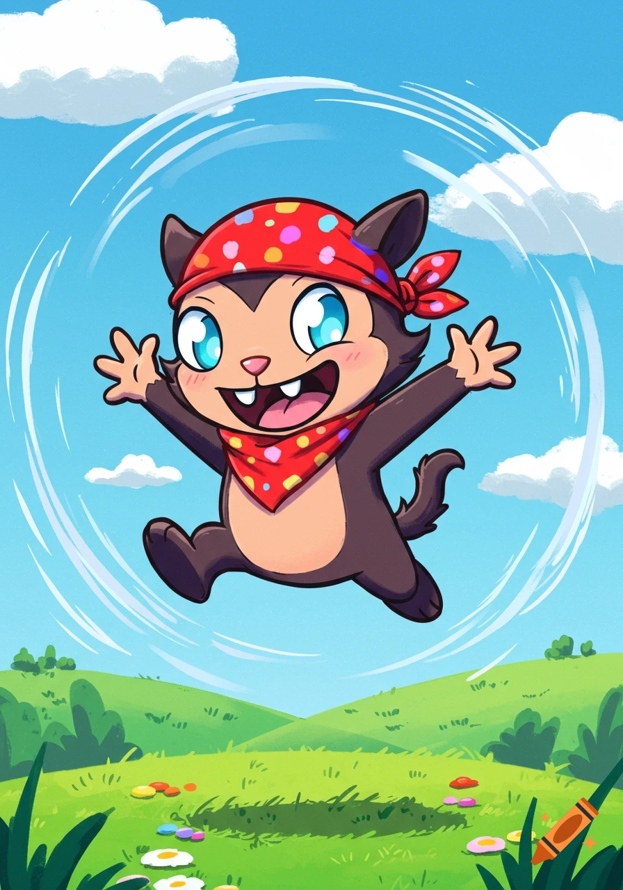 A cute, happy cartoon cat-like creature wearing a red polka dot bandana jumps high in a green, grassy field under a blue sky.