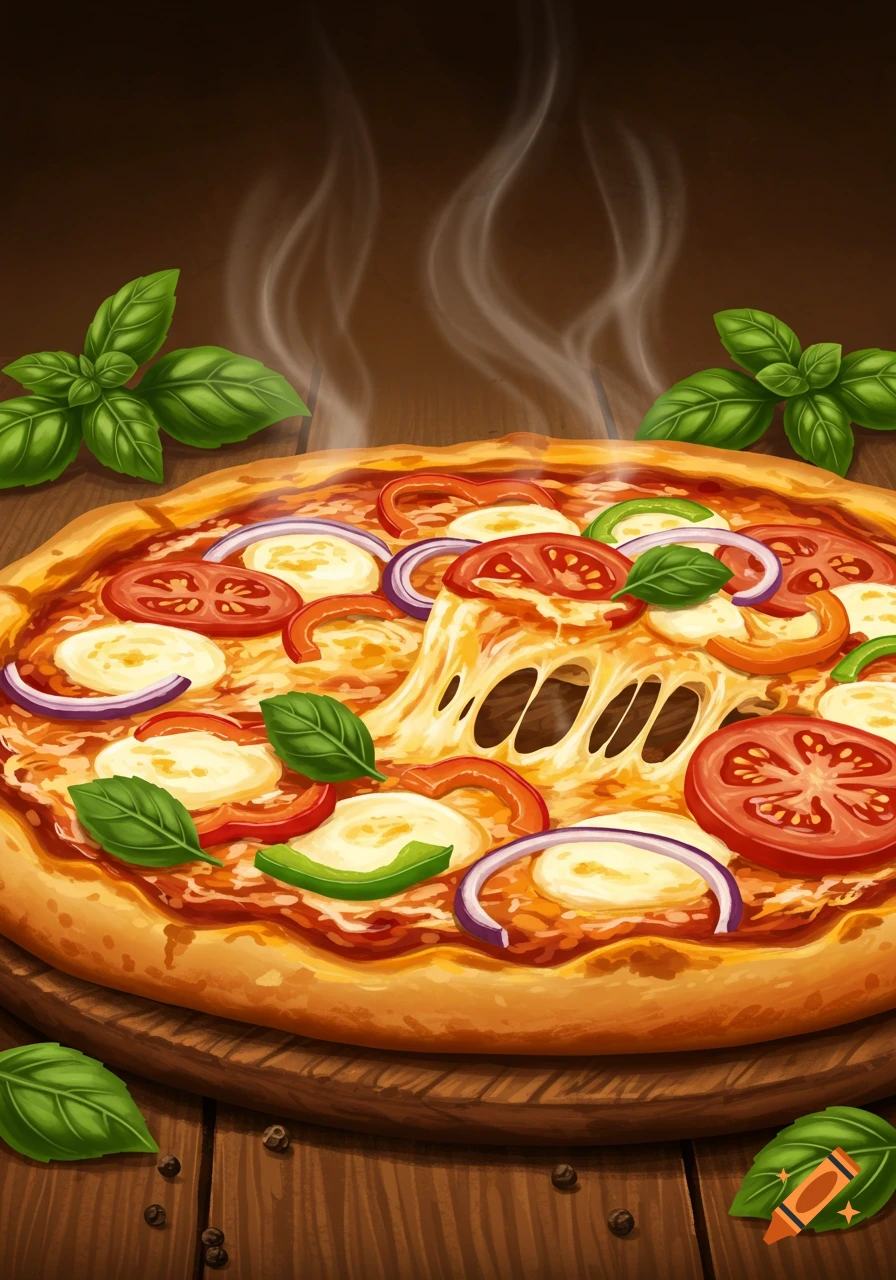Stylized illustration of a steaming hot pizza with a cheese pull, topped with tomatoes, red onions, bell peppers, mozzarella, and fresh basil on a wooden board.