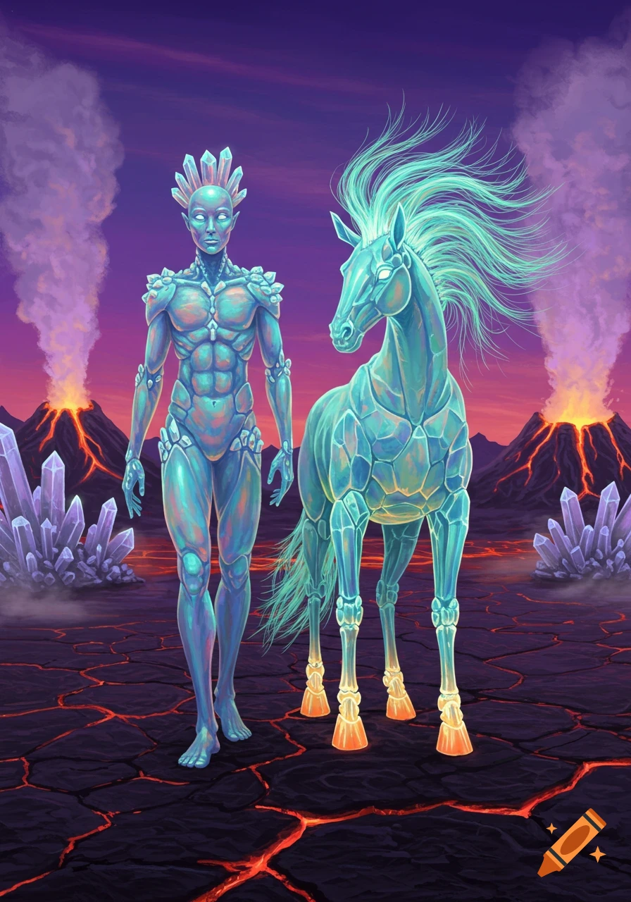 A colorful, detailed illustration of a crystal humanoid and horse standing on an alien volcanic plain with glowing crystals under a purple sky.