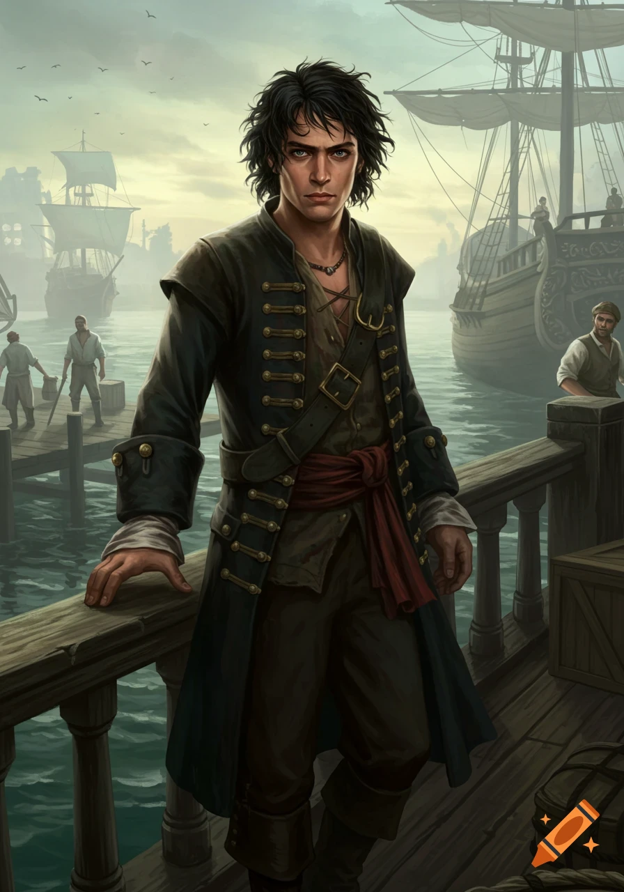 A young man with dark, curly hair and a pirate-like coat stands on a wooden dock, gazing forward. Tall sailing ships are docked behind him in a busy port.