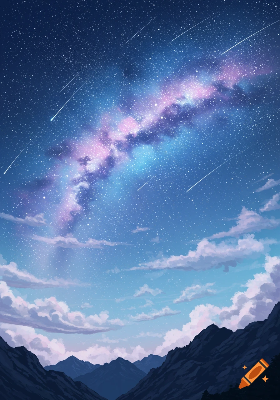 Anime-style illustration of a vibrant Milky Way and shooting stars over dark mountains and clouds at night.