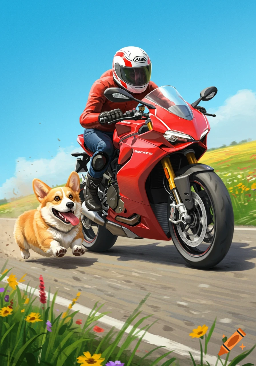 An illustration of a corgi running next to a person on a red Ducati motorcycle on a sunny road with flowers.