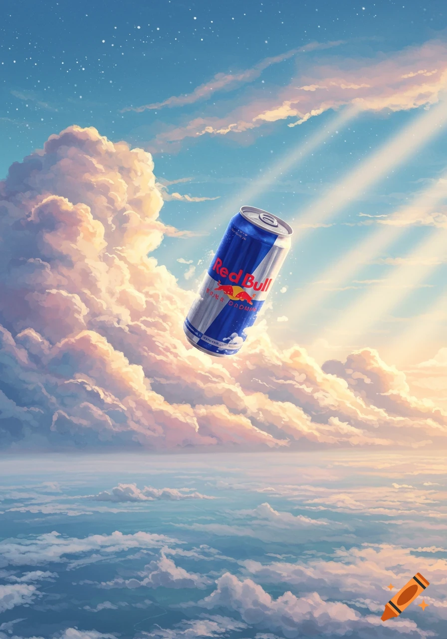 A Red Bull can floats amidst fluffy, light-orange and white clouds in a bright blue sky with sunbeams in a digital painting style.