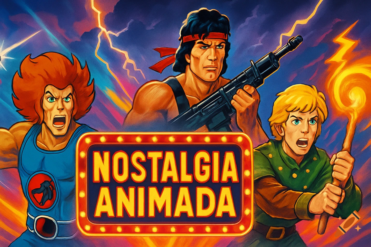 Vibrant retro cartoon banner featuring Lion-O, Rambo, and a fantasy hero with lightning and a 'Nostalgia Animada' sign.