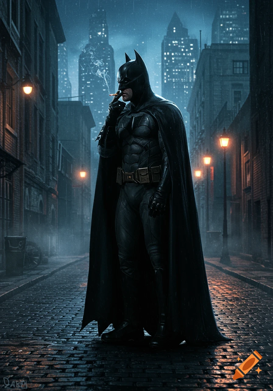 Photorealistic image of Batman smoking a cigarette in a dark, rainy city street at night, with illuminated buildings in the background.