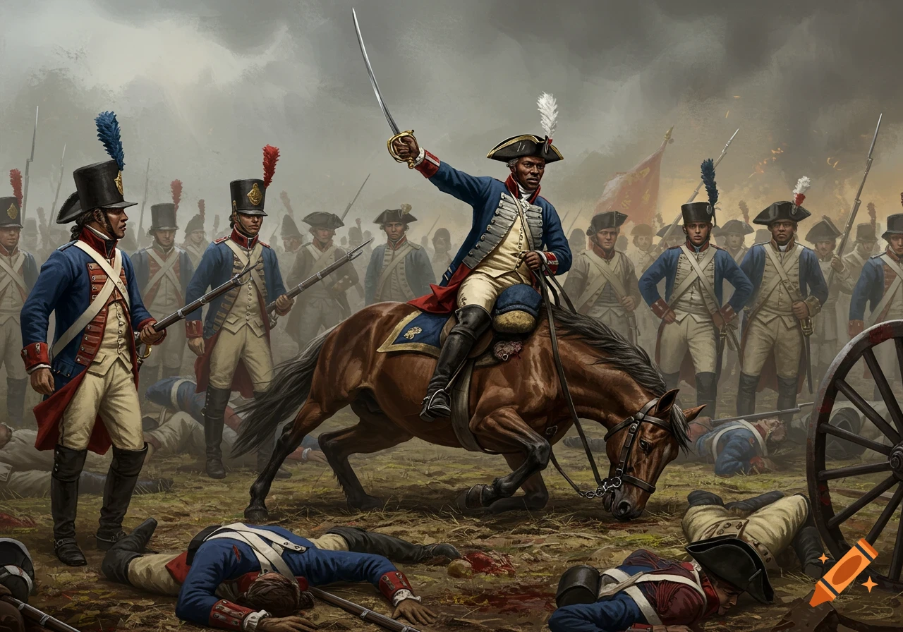 A dramatic digital painting of an 18th-century battle scene with African-French soldiers, a commander on a wounded horse, and fallen soldiers.