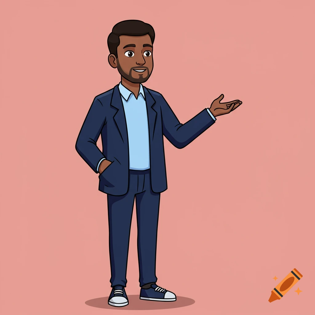 A cartoon man with dark skin, wearing a blue suit, light blue shirt, and white sneakers, smiles and gestures with his right hand.