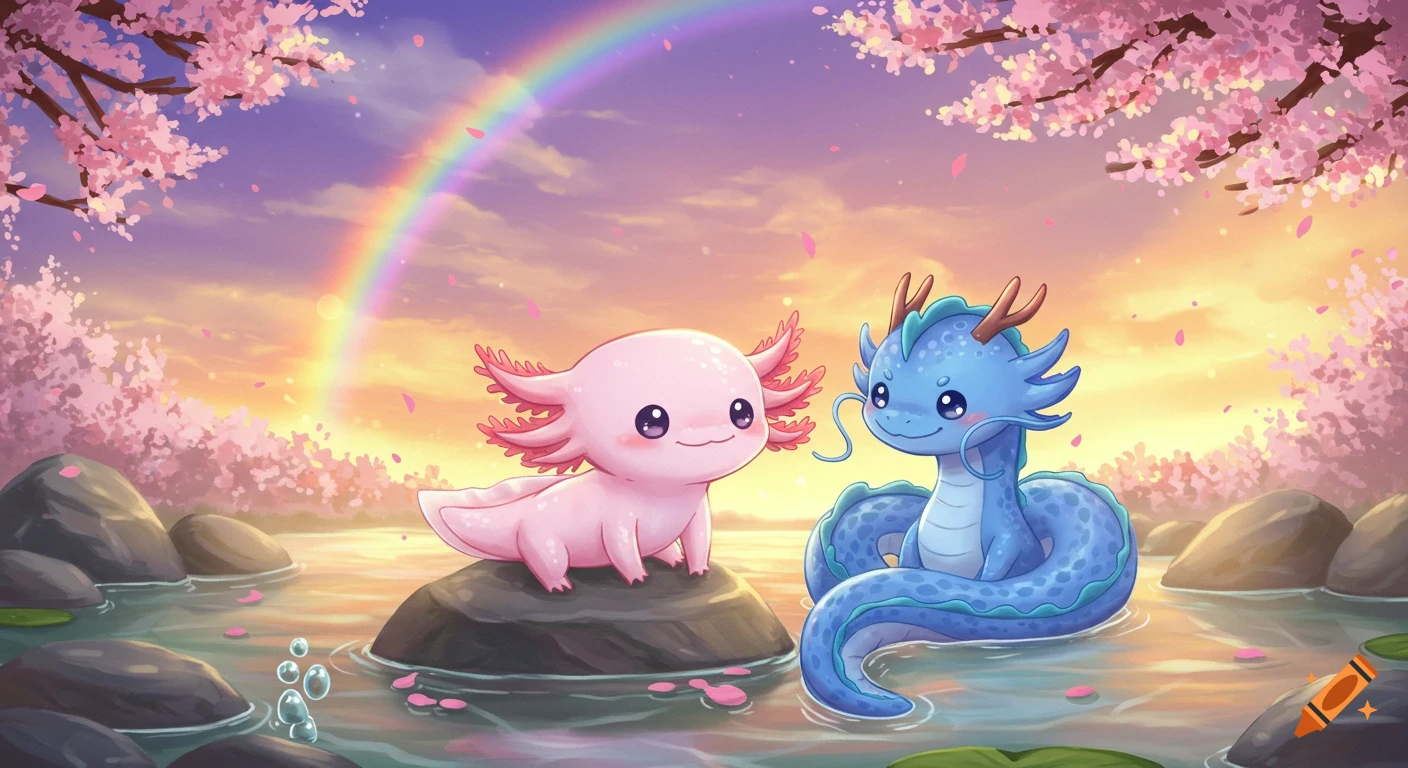 Cartoon pink axolotl and blue dragon sit on rocks in a cherry blossom-filled stream under a sunset rainbow.