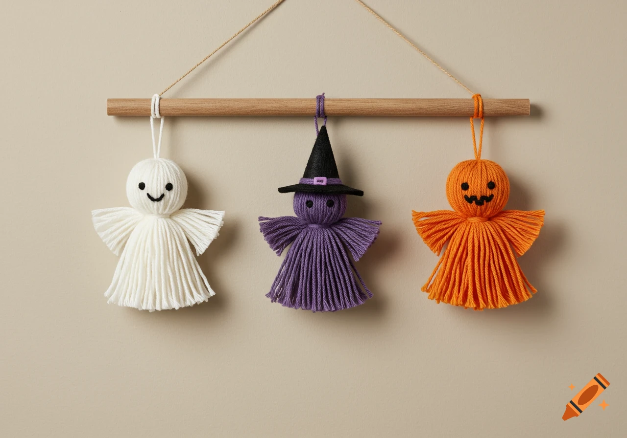 Three handmade yarn tassel Halloween characters (a white ghost, purple witch, and orange jack-o'-lantern) hang from a wooden dowel on a tan wall.