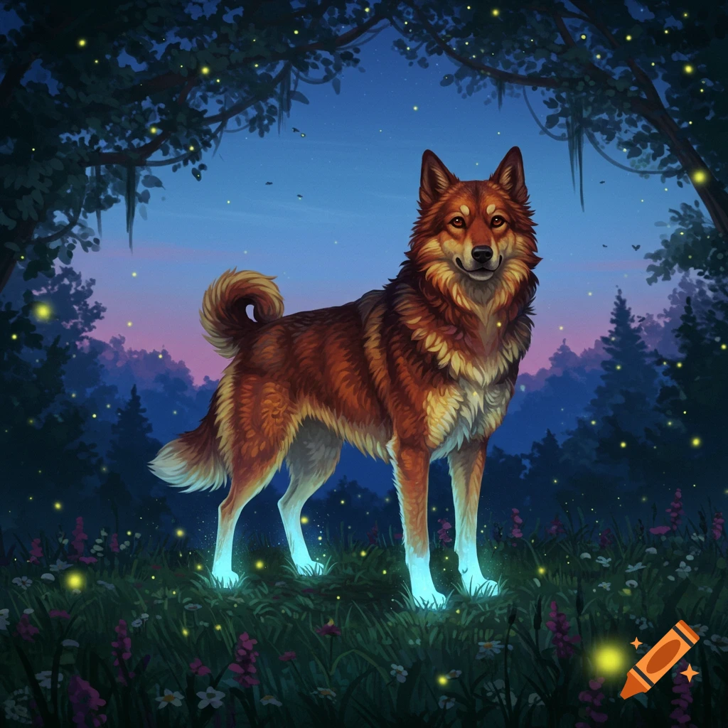 A stylized painting of a fox-like dog with glowing blue paws standing in a magical forest at dusk. Fireflies illuminate the scene.