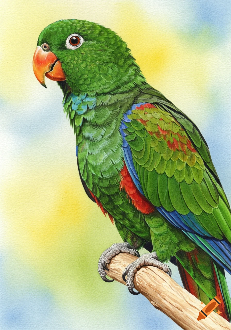 Realistic watercolor painting of a vibrant green Eclectus parrot with an orange beak perched on a branch, against a soft yellow and blue background.