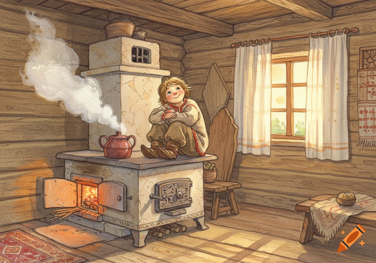 A cheerful child, Emelya, sits on a rustic white stove in a cozy wooden cabin, with steam rising and a fire burning. Watercolor.