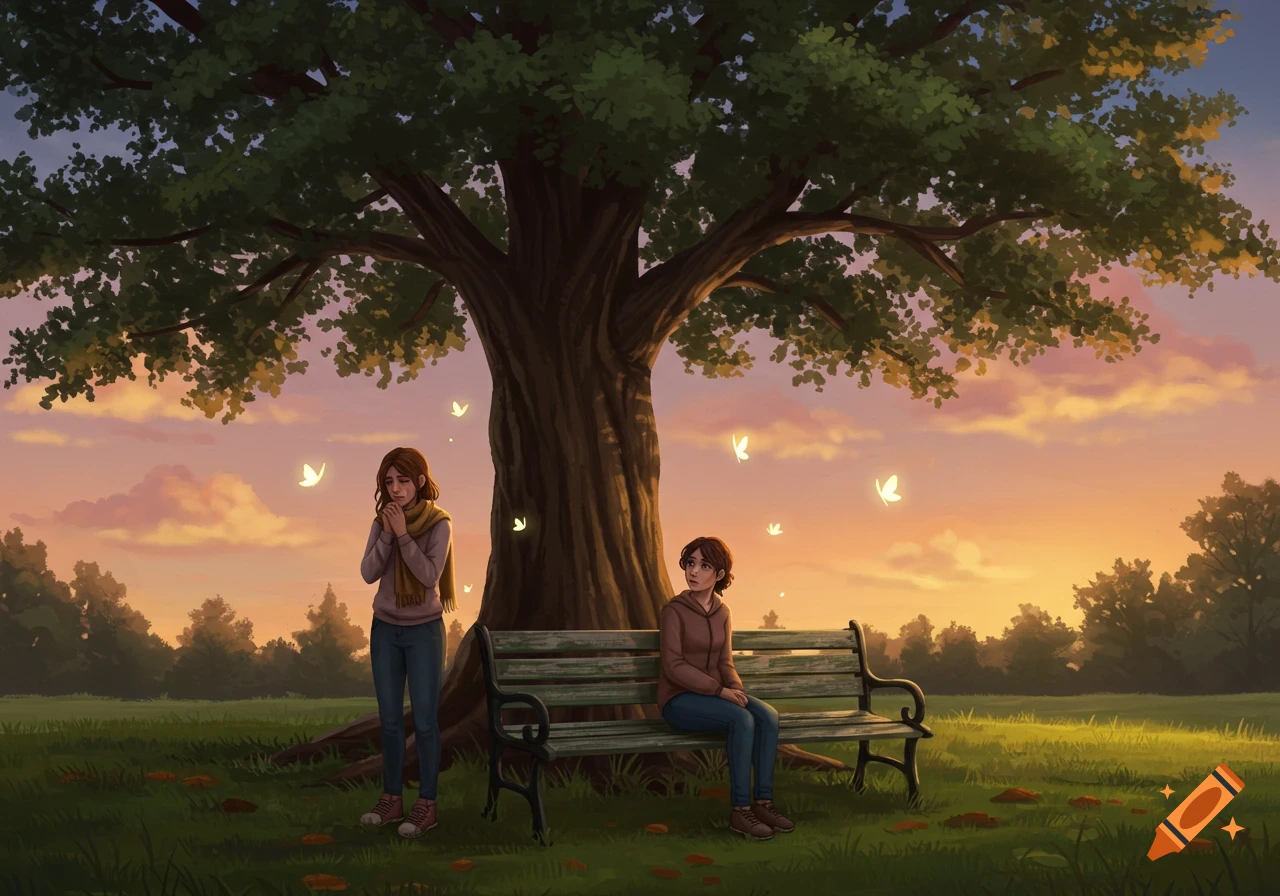 Two pensive women under a large tree in a park at sunset, with glowing butterflies. Digital illustration.