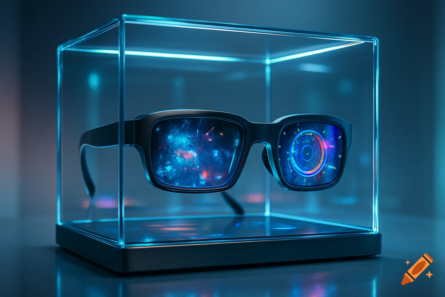 High-tech black glasses with glowing blue and orange holographic displays, showcased in a glass case with blue illumination.