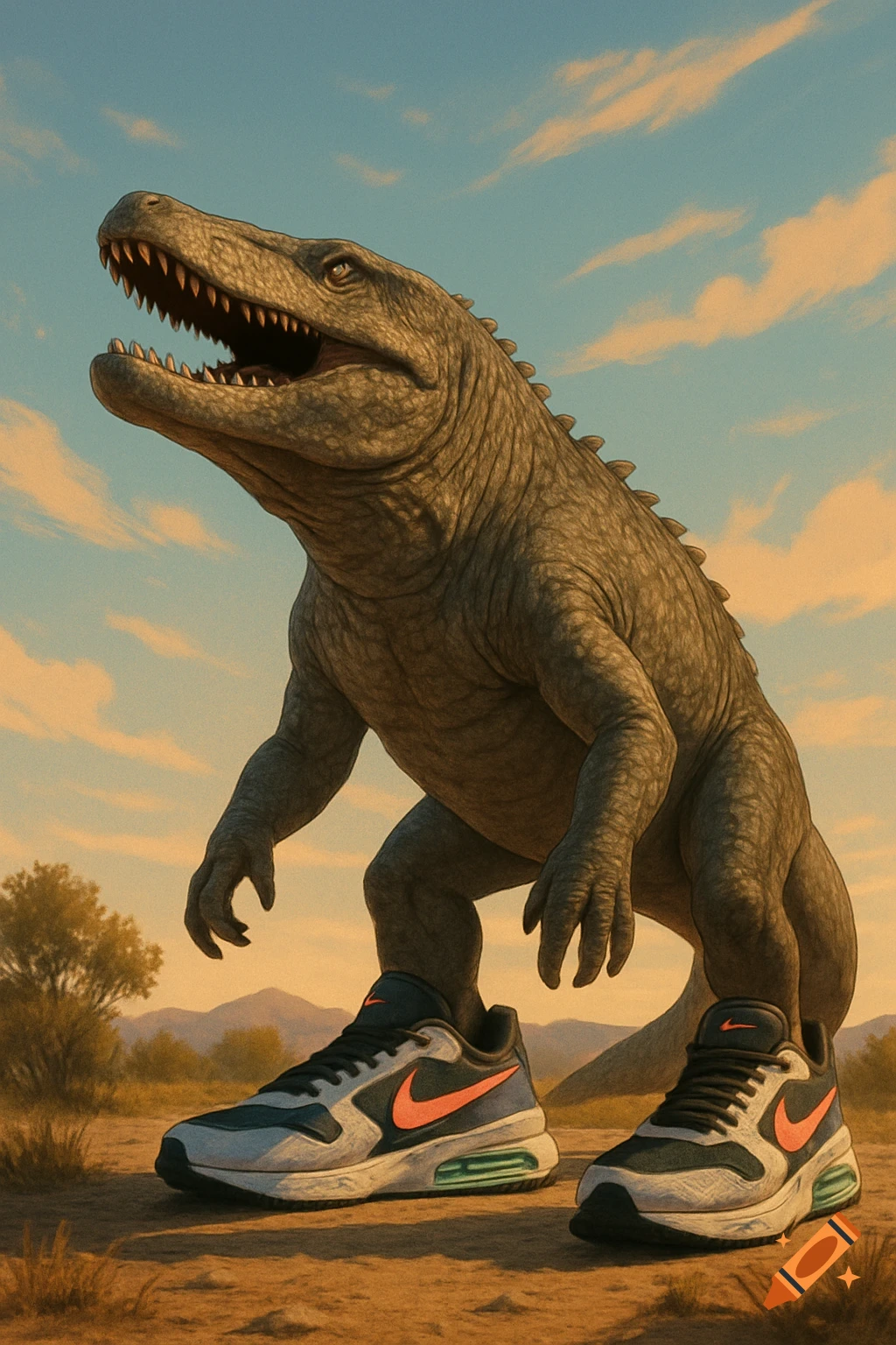 A large, green, bipedal mosasaur-like creature with its mouth open, standing in a desert landscape wearing a pair of modern Nike running shoes. The sky is orange and blue.