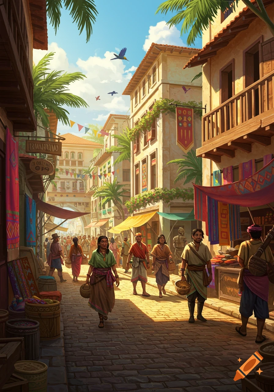 A colorful, illustrated street market scene in a sunny, bustling port city with people, palm trees, and ornate buildings.