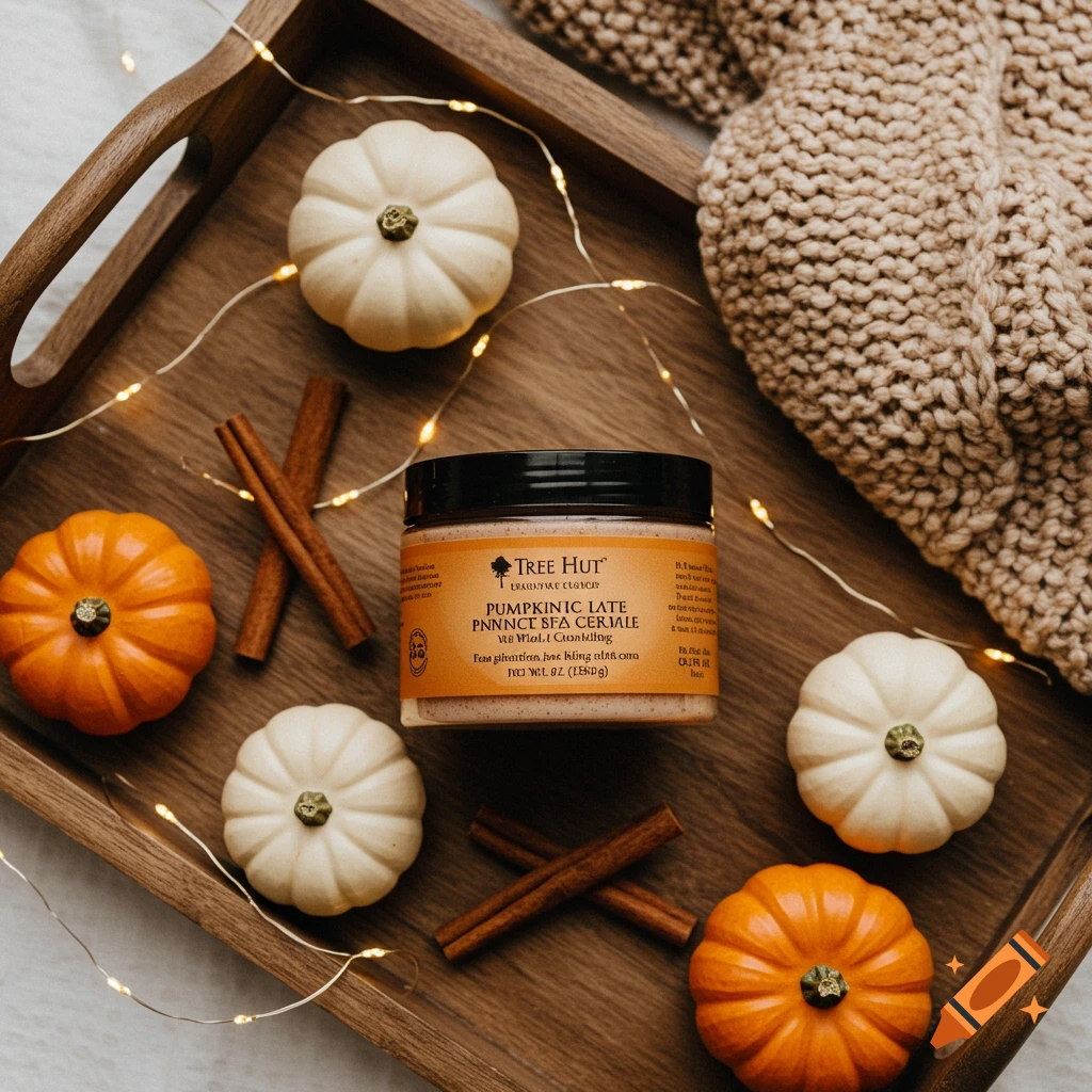 A flat lay of a scrub jar, mini pumpkins, cinnamon sticks, and string lights on a wooden tray with a beige knit blanket, evoking a cozy autumn vibe.